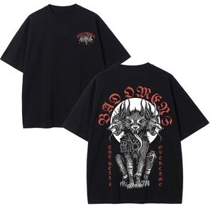 Black Graphic Three-Headed Wolf Tee with Red Lettering